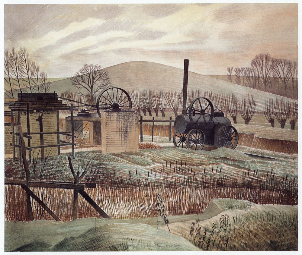 The Brickyard, Eric Ravilious,1936. It depicts a scene at  Sible Hedingham, #Essex. The original artwork is in the collection of @AshmoleanMuseum.