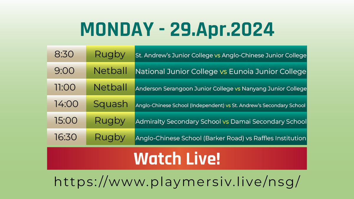 It's going to be a great Monday 29 Apr for you rugby fans out there, as we've got 3 bronze medal matches coming your way. Catch it at playmersiv.live/nsg #nsg2024 #sports #schoolsports #youthsports