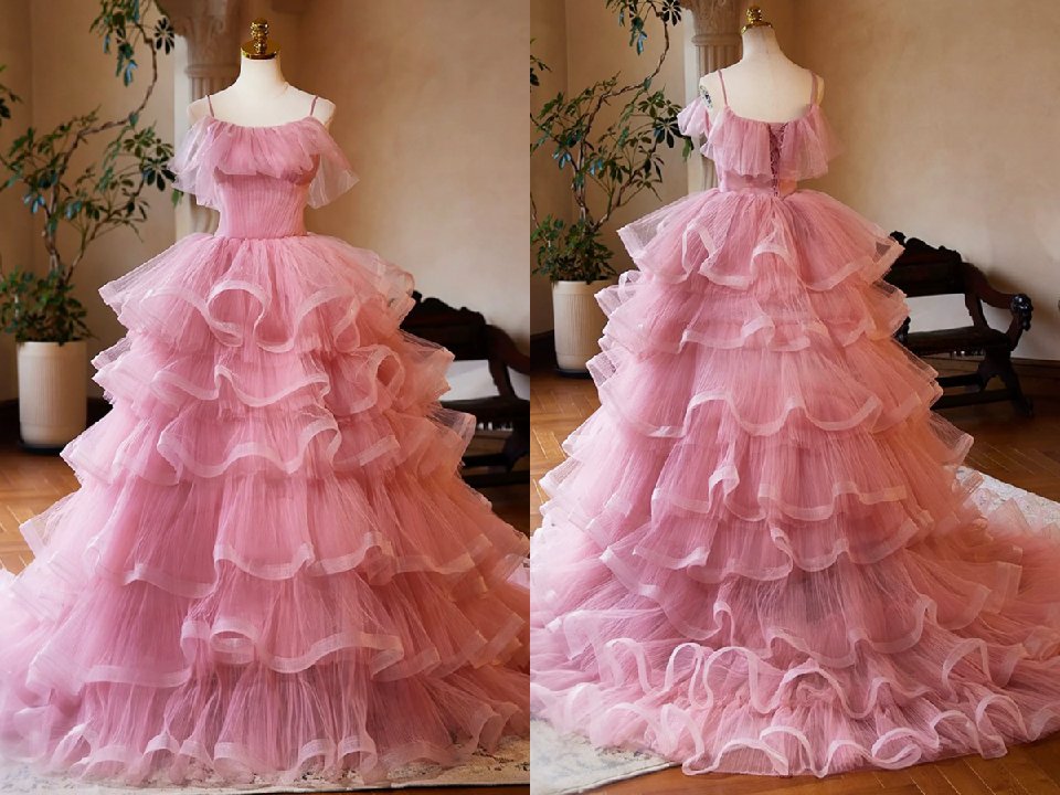 Pink Tulle Layers Long A Line Prom Dress, Pink Spaghetti Strap Sweet 16 Dress Evening Dress
