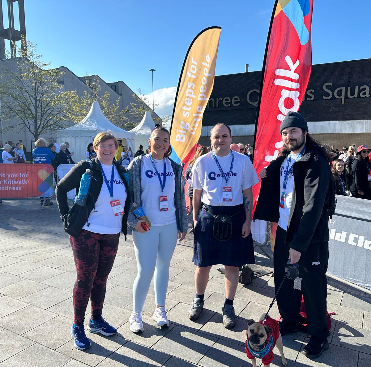 Our first @Enable_Tweets Big Strollers leaving #Clydebank are members of the Enable Communities team and their friends and family. @EmilyEnable and Craig are joined by Emily's Mum and Craig's brother at the #Glasgow @thekiltwalk