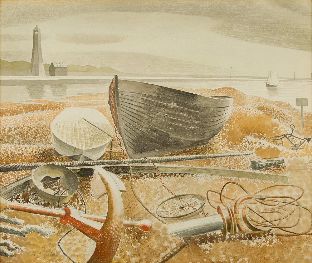 Anchor and Boats, Eric Ravilious, 1938. The work depicts Rye Harbour, in East #Sussex. The original artwork is in a private collection.