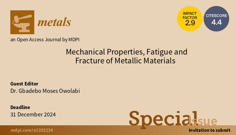 #mdpimetals

📚 We are pleased to share that the Special Issue '#Mechanical Properties, #Fatigue and #Fracture of #Metallic Materials' is open for submissions. 

mdpi.com/journal/metals…

🎓 Guest Editor: Dr. Gbadebo Moses Owolabi @HowardU 

Welcome your contributions!