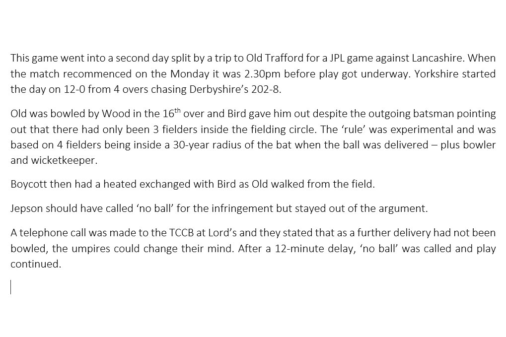 On This Day in 1981 - controversy at Derby during a Benson and Hedges group game between @DerbyshireCCC and @YorkshireCCC - Derbyshire lost, despite Colin Tunnicliffe's five for 24...the controversy (see image) was over the new and experimental fielding restrictions...