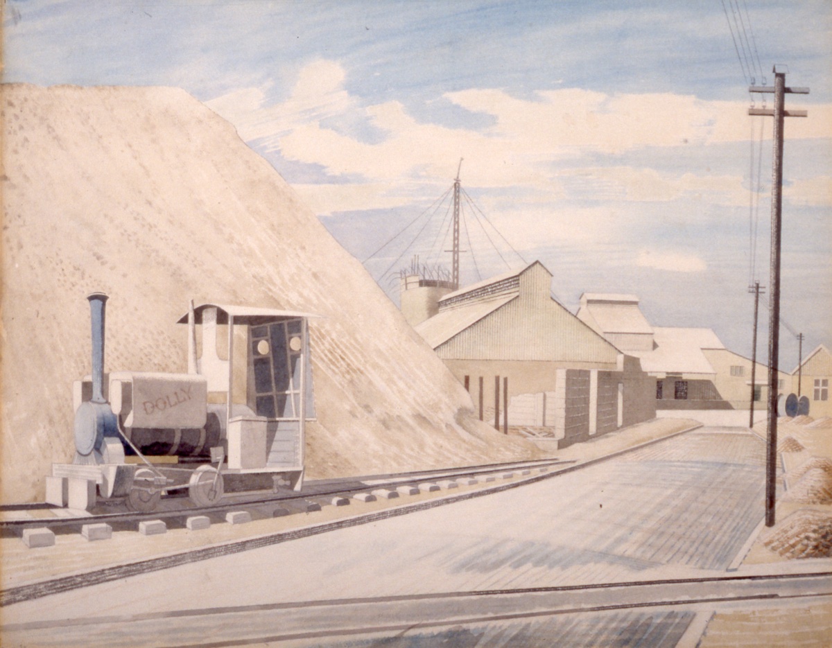 Cement Works, Eric Ravilious, 1934. One of several industrial landscapes he painted near Firle in East #Sussex. The original artwork is in the collection of @mcrartgallery.