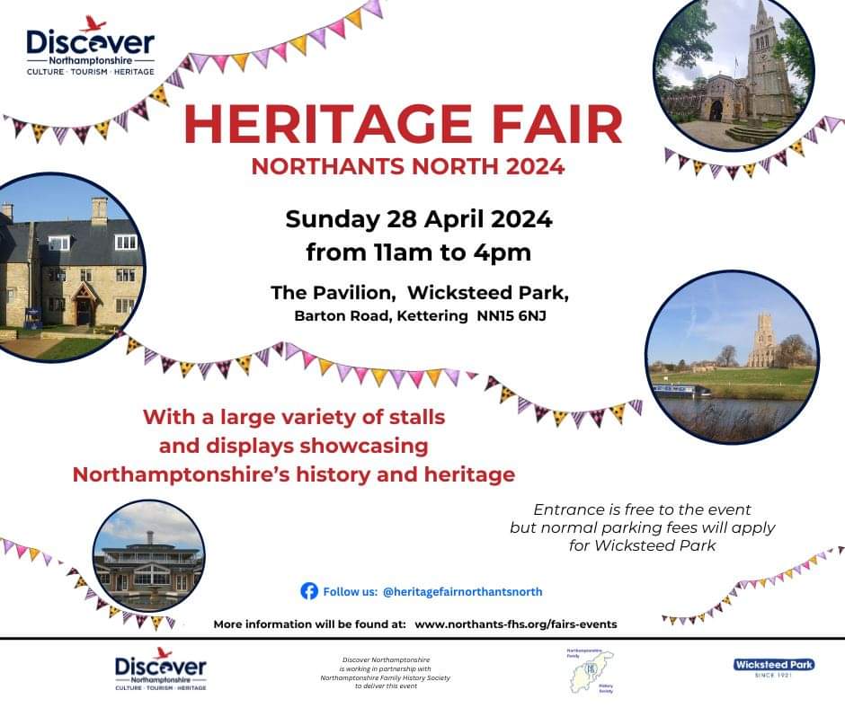 Coming along to the Heritage Fair @WicksteedPark 
We are delighted to be supporting this event with the Northamptonshire Family History Society😊

#Discovernorthamptonshire #wherenext #loveheritage 

@Explore_WN 
@NNorthantsC 
@WestNorthants