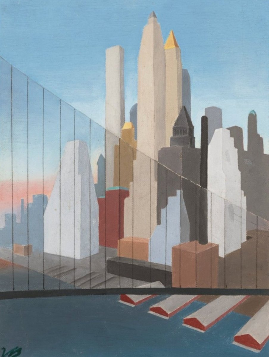 'Lower Manhattan.' (1930) Virginia Berresford, little known now, developed a style that related to her contemporaries Georgia O'Keeffe and Charles Sheeler combining American Precisionism with Purism which used elementary forms and minimal detail.