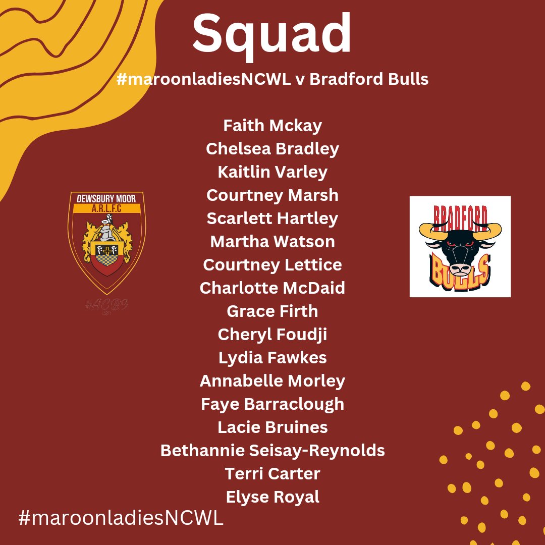 #maroonladiesNCWL squad is locked 🔒 📅 Sunday 28th April 2024 🏉 Women's Rugby League - Championship Division Rd 5 🆚 @officialbullsrl ⏰2pm KO 📍@dewsbury-moor-sports-club
