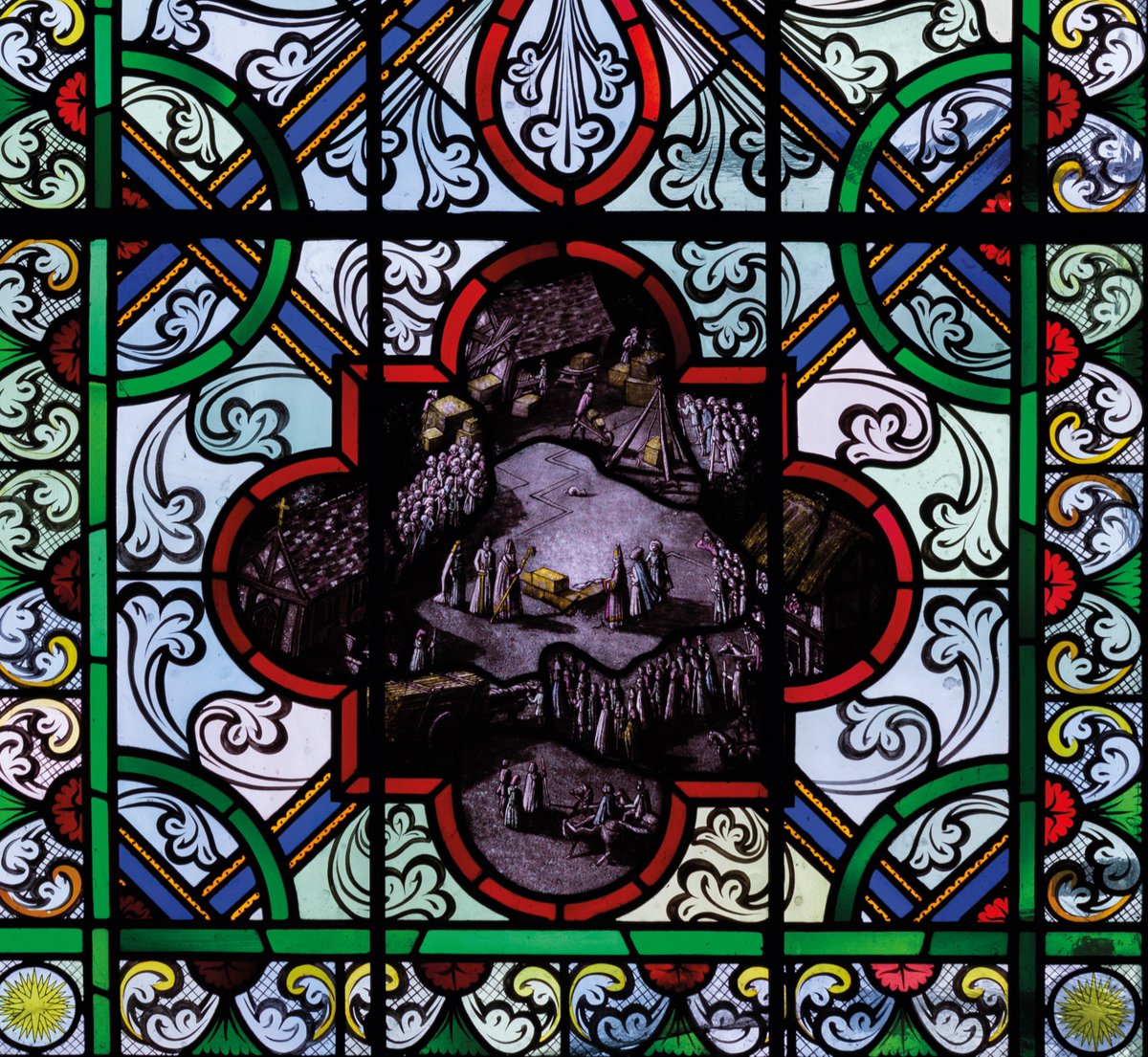 #Onthisday 804 years ago, Salisbury Cathedral’s foundation stones were laid. Depicted here is the foundation ceremony in stained glass. 📷: Declan Spreadbury