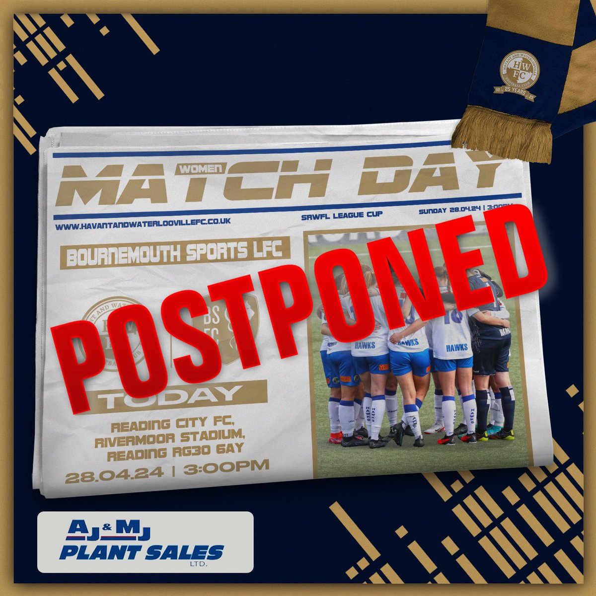 ❌ MATCH POSTPONED Following heavy overnight rainfall, this afternoon’s @HWFCWomen Cup final encounter against Bournemouth Sports LFC has been postponed. A new fixture date will be confirmed in due course. #HWFC #COYH