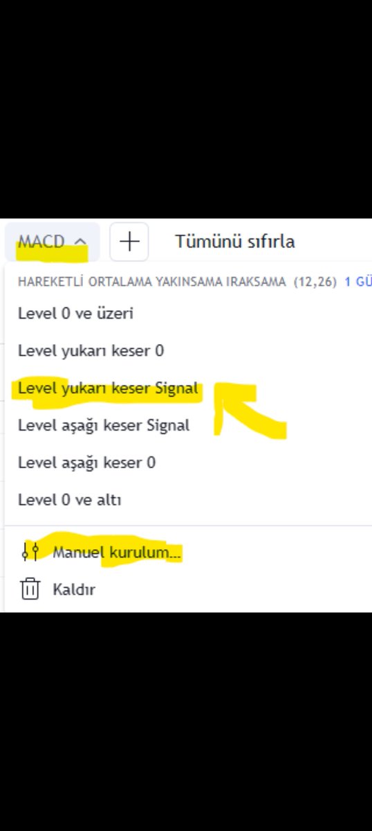 +ya tıklayınca TEKNİKLER ede basıp 
basit h.ort veya stokastik rsi bulabilirsiniz
YAK yazıp MACD ı bulabilirsiniz
FORMÜLLERİ BURAYA SABİTLİYORUM BİR SÜRE

MACD LEVEL YUKARI KESER SİNYALİ

 STOKASTİK K YUKARI KESER Dyi

PARABOLİK SAR AŞAGI KESER FİYAT
Sma5-21 EMA için Üstel yazın