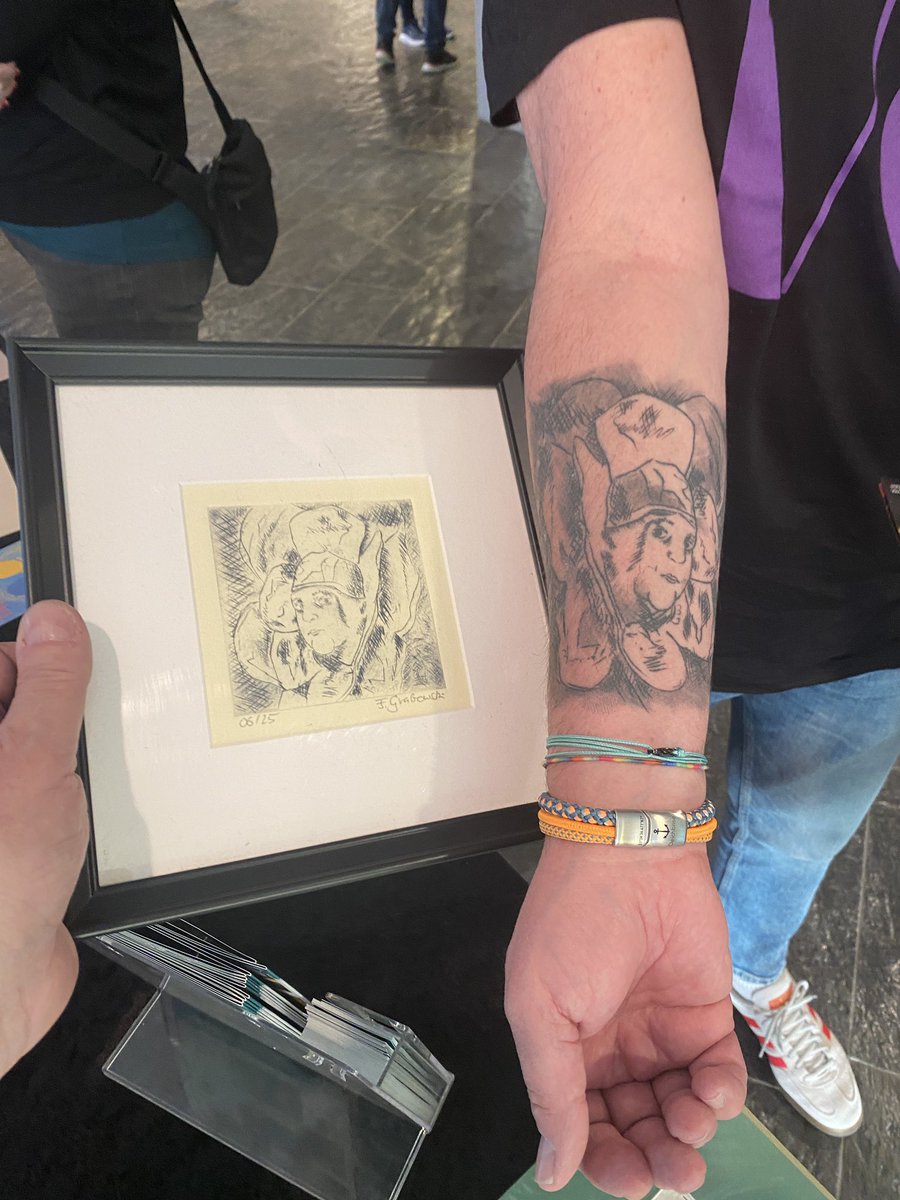Grabowski_Frank's tweet photo. The biggest surprise of the evening for me on the The Musical Box Official Tour, a customer came and proudly showed me his new tattoo. It was done after my etching and is now on his skin forever. It makes me incredibly proud. #Aflower #suppersready #genesisband @itspetergabriel https://t.co/0C0Uh2LLBS