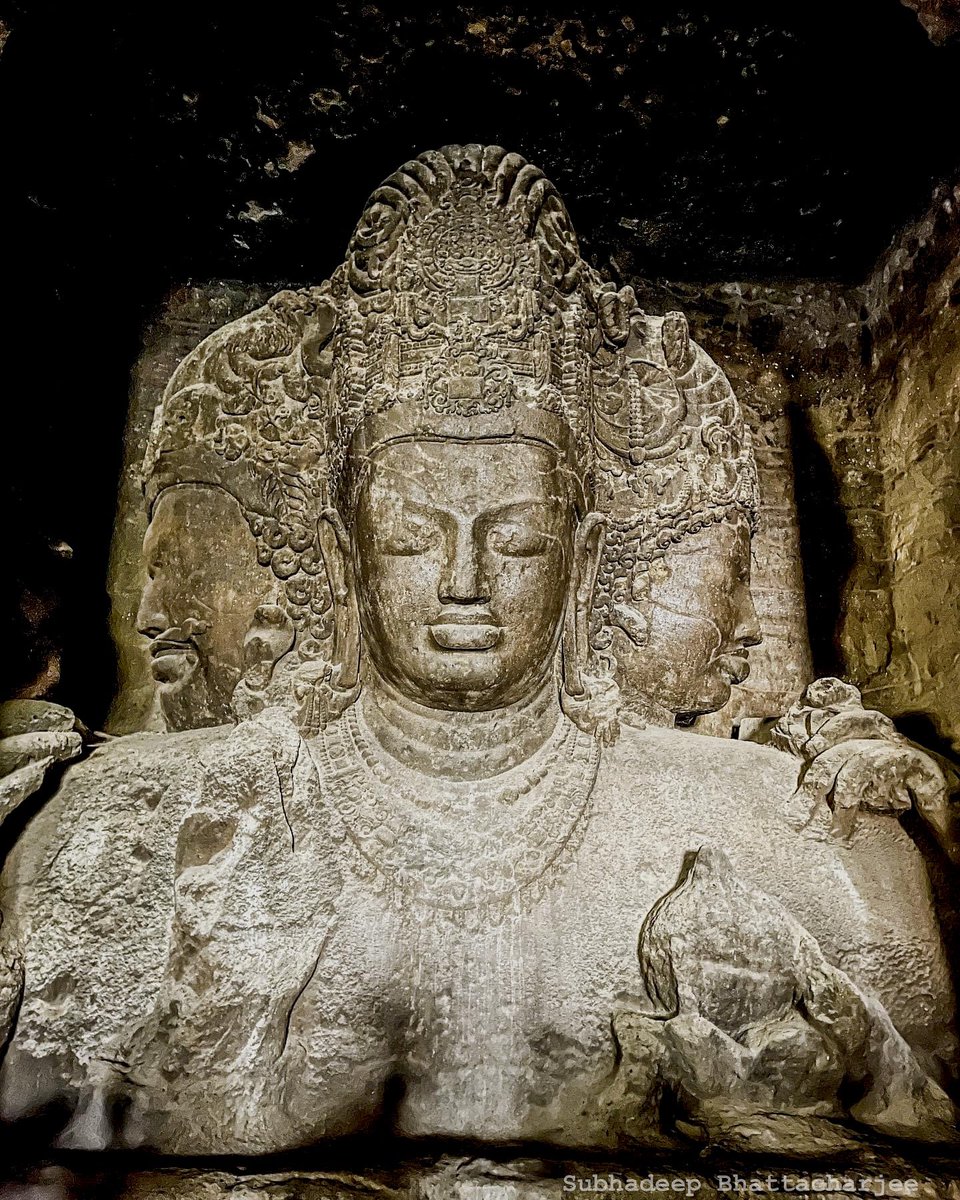 Trimurti Sadashiv🔱 The massive 18ft high Statue, carved out of solid basalt at Elephanta caves, Mumbai