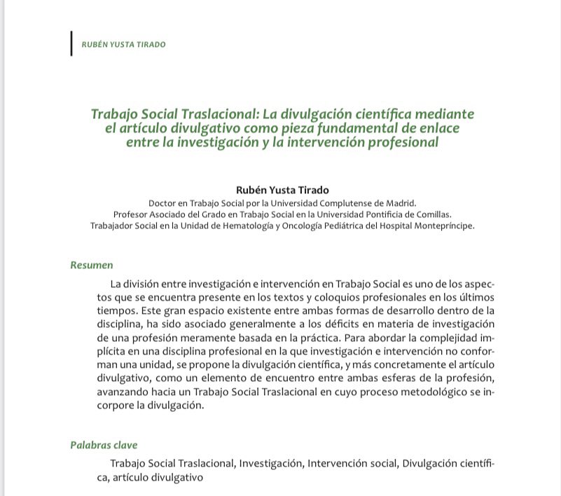 📕 Comparto el último artículo publicado en la revista Documentos de Trabajo Social - Trabajo Social Traslacional: La divulgación científica mediante el artículo divulgativo como pieza fundamental de enlace entre la investigación (…) 🚀 trabajosocialmalaga.org/wp-content/upl…