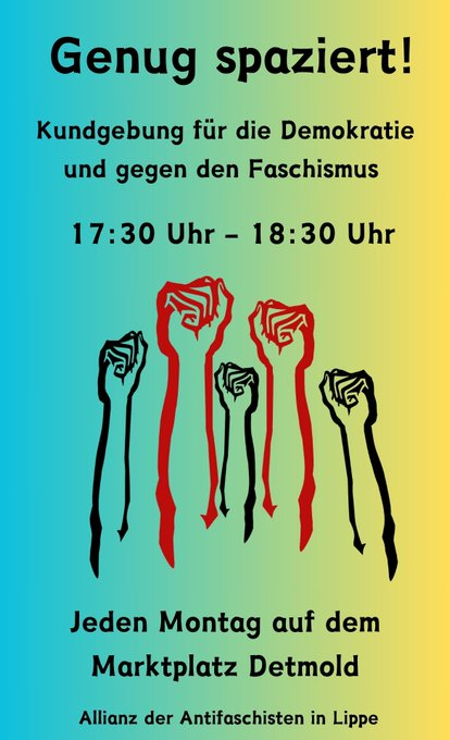 Friendly Reminder : Morgen stellen wir uns den #Rechten wieder in den Weg. Der Marktplatz in #Detmold ist #demokratisch, nicht faschistisch. Wir freuen uns auf Euch und eure Unterstützung. #lautgegenrechts