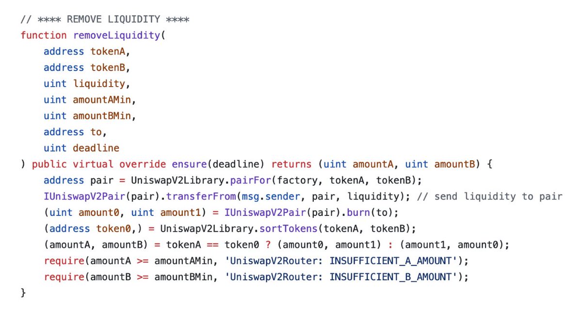 0xCharlesWang's tweet image. UniswapV2 Router Flaw: Double Taxation

The UniswapV2 router exposes two distinct functions for removing liquidity with transfer-tax token pairs:

a)  removeLiquidity

b) removeLiquidityETHSupportingFeeOnTransferTokens

The Standard Liquidity Removal: removeLiquidity

The…