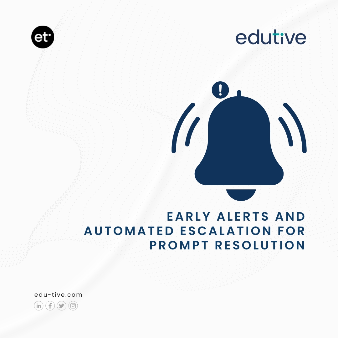 edu_tive's tweet photo. Stay ahead with our ISQMS™ Early Alerts! Be promptly notified about potential issues or concerns within the school's management system. Automated escalations ensure quick resolutions, enabling proactive measures and efficient problem-solving. #Edutive https://t.co/K7M9cQbggV