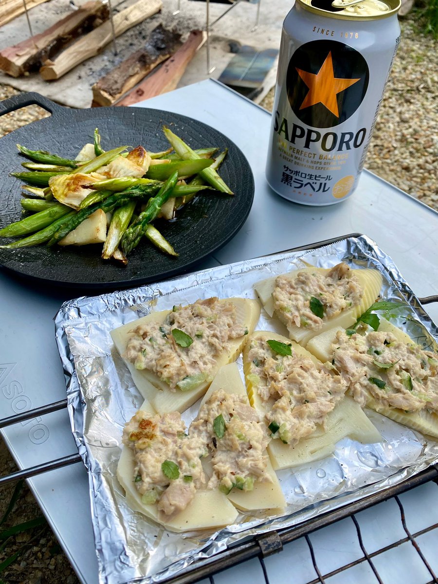 筍アスパラのバター醤油炒めと筍のツナマヨ炭火焼き🍺春ソロキャンプのおやつ〜😆