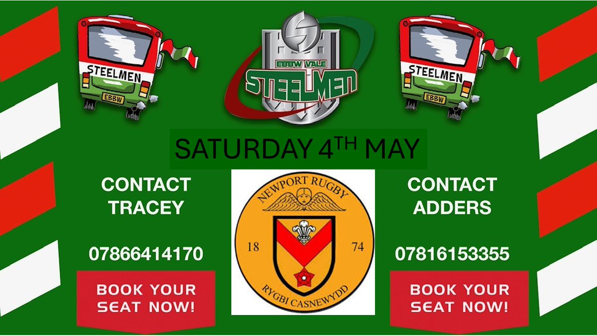 It's Playoff Time Premiership Playoffs Semi-Final @NewportRFC v Ebbw Vale RFC 📅Saturday 4th May ⏲️ 5.15pm 📍Newport Stadium #SupportTheSteelmen #FeelTheSteel BOOK YOUR SEAT with the ADDICTS First bus already filled! See contact details below... @IndigoPrem @AllWalesSport
