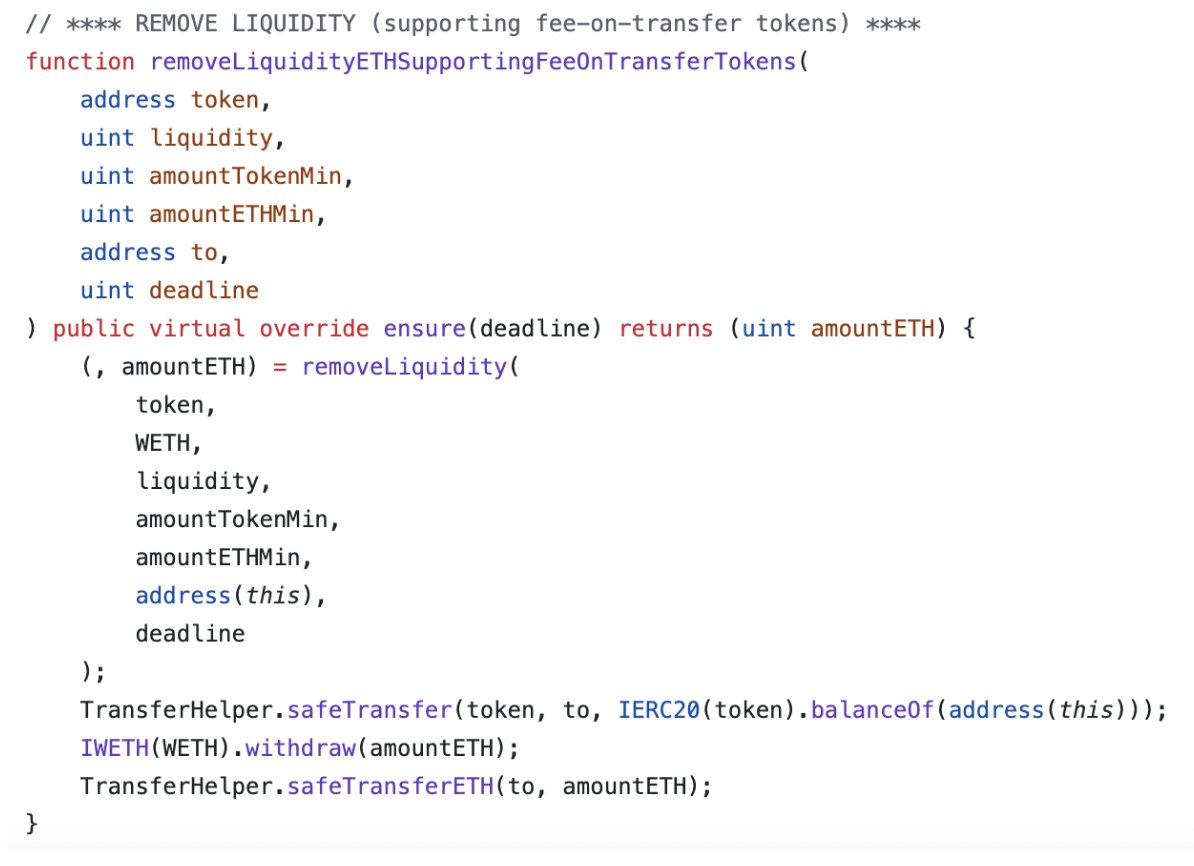 0xCharlesWang's tweet image. UniswapV2 Router Flaw: Double Taxation

The UniswapV2 router exposes two distinct functions for removing liquidity with transfer-tax token pairs:

a)  removeLiquidity

b) removeLiquidityETHSupportingFeeOnTransferTokens

The Standard Liquidity Removal: removeLiquidity

The…