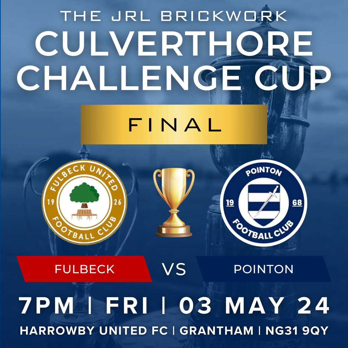*NEXT FRIDAY* We love a final we do, and next Friday night, we host The JRL Brickwork, Culverthorpe Challenge Cup FINAL at the club.⚽️ Kick-off 7pm, entry £2, kids get in free. 50/50 draw, bar open. Everyone welcome.🏆👍