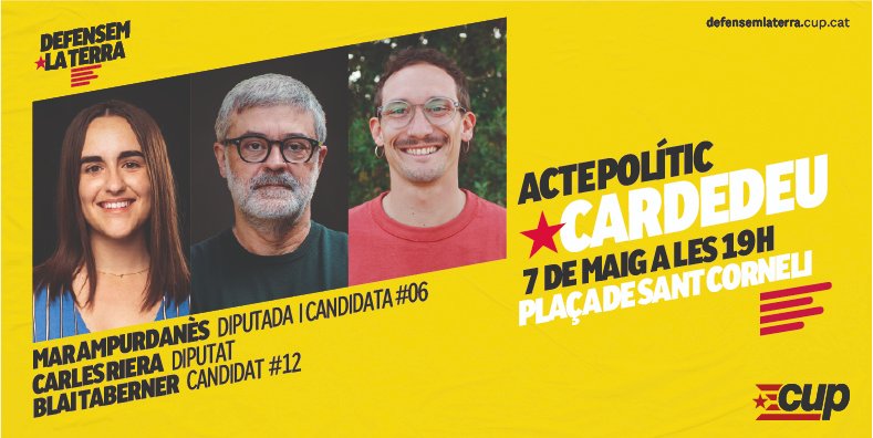 cupcardedeu's tweet photo. 📢La campanya arriba a #Cardedeu!
🗣️ La @MarAmpurdanes, diputada i candidata, en @carlesral, diputat, i en @blaitc, regidor i candidat, explicaran la proposta política de la @cupnacional per al #12M i per què és més necessària que mai.
📌 Dt. 7/05, 19 h, Pl. de St. Corneli https://t.co/UYT7vyZvQ7