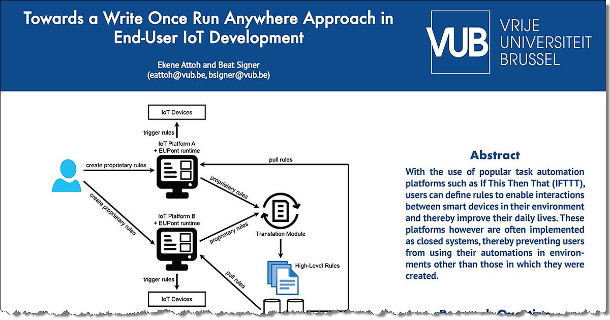 beatsigner's tweet image. Our paper "Towards a Write Once Run Anywhere Approach in End-User IoT Development" is currently presented at the 9th International Conference on Internet of Things, Big Data and Security (IoTBDS 2024) wise.vub.ac.be/publication/to…
@DINFVUB @VUBrussel #IoT