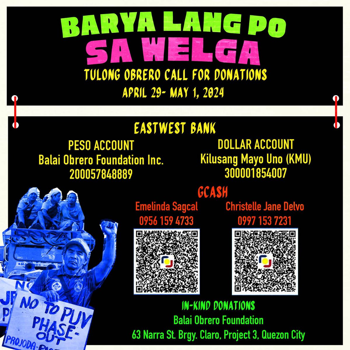 BARYA LANG PO PARA SA WELGA!

Ngayong April 30, tinakdaan na ni Marcos Jr. na wala nang ibibigay pang deadline para makapasada pa ang mga traditional na jeepney. Libu-libong mga tsuper at operator ang mawawalan ng kabuhayan, gutom at kahirapan ang aabutin ng kanilang mga pamilya.