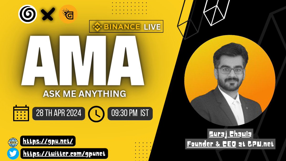 📣 We’re excited to announce that we’ll be hosting Binance Live AMA with @gpunet
 
📅 Date: Apr 28, 2024 , 4:00 PM UTC(GLOBAL)

🔺Rules:
♂️Follow Twitter :- 
@gpunet & @Daoclubofficial
♂️ Must Like & Retweet
♂️ Comment your Questions
#AMA #Binance #BTC   #DaoClub
