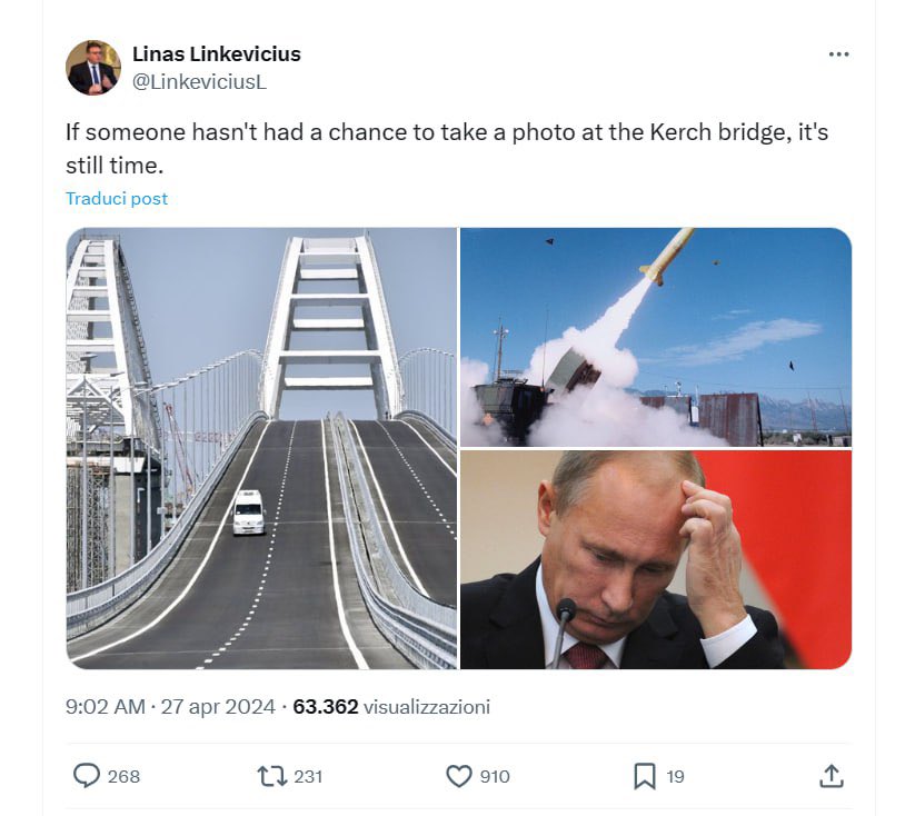 Bayanov74's tweet photo. “Se qualcuno non ha avuto la possibilità di scattare una foto al ponte di #Kerch, è ancora in tempo..”
- #LinasLinkevicius (Ambasciatore Lituano in Svezia -
https://t.co/I8eWSDuYhm)
Siamo arrivati al punto in cui un ambasciatore di uno stato #UE posta un TW-X dai chiari https://t.co/8L8ttW2NxU