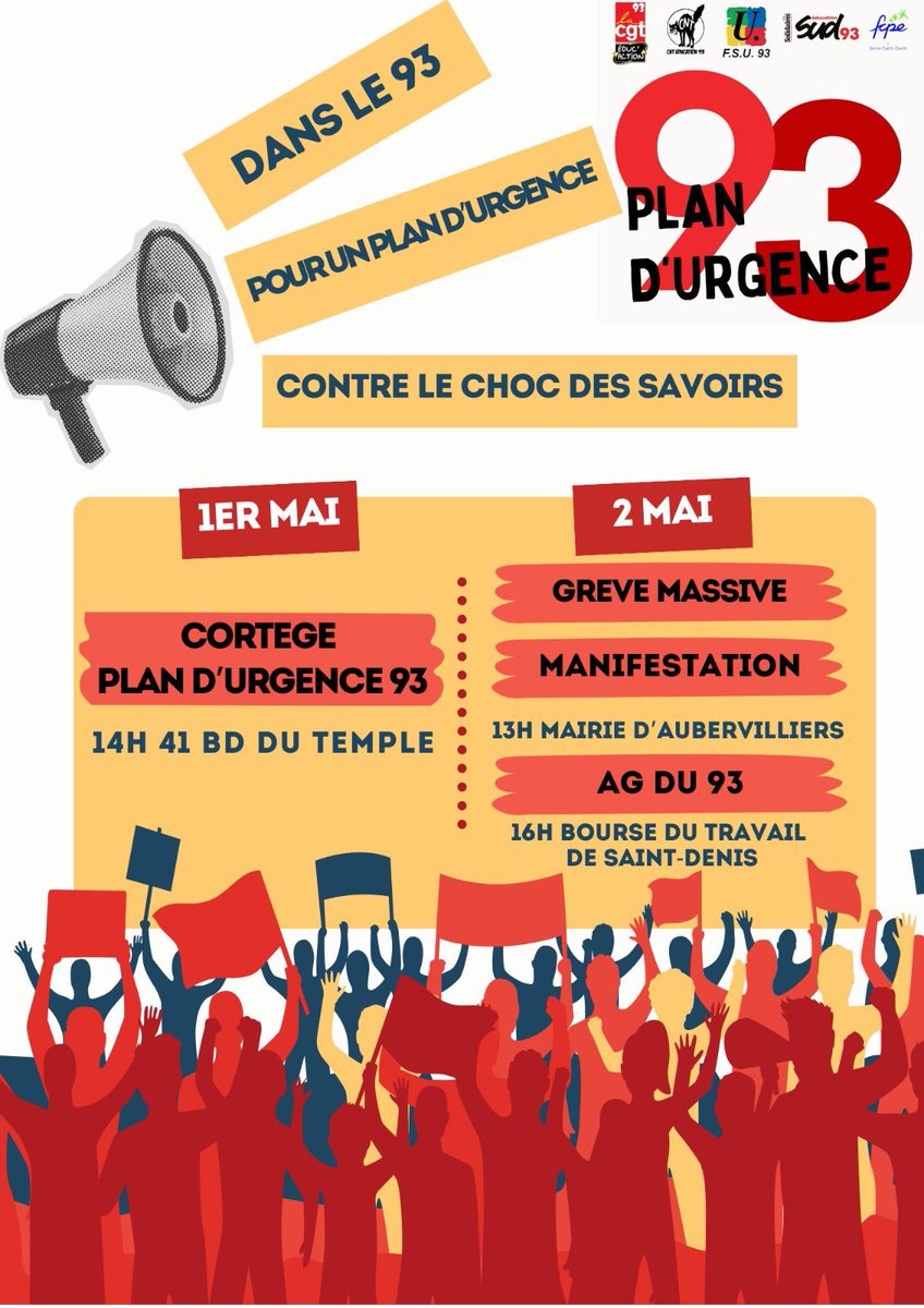 🚩✊🏻Restons mobilisé·es, pour les conditions de travail et pour un #plandurgence93 ! 

📢 Manif’ 1er mai (cortège plan d’urgence)
⏰ 14h
📍 42 Bd du Temple

🪧 Grève du 2 mai + manif’
⏰ 13h
📍 Mairie d’Aubervilliers (AG à 16h à la BT de Saint Denis)