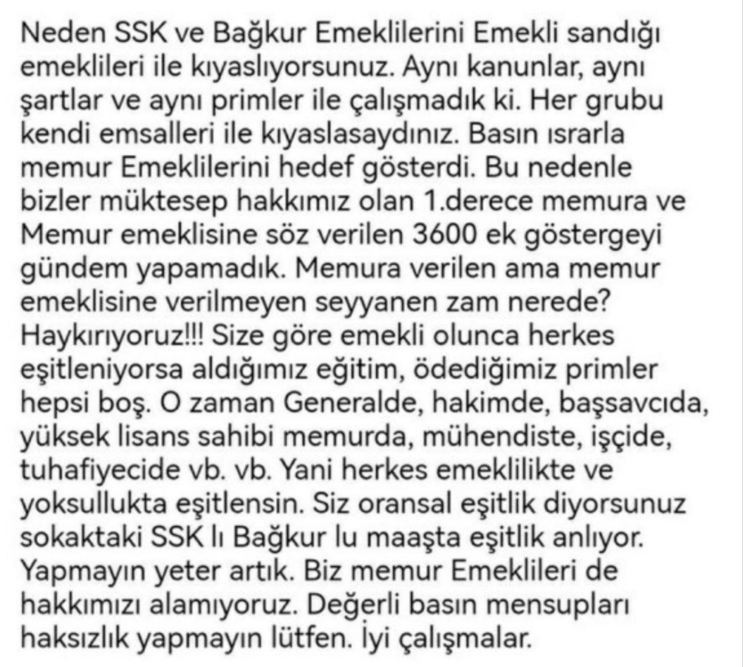 Neden SSK ve Bağkur emeklileri ile aynı torbaya giriyoruz, vekiller asilin temsilcileridir.
Onlar bizim vekilimiz ise bizleri kendi maaşlarına yaklaştırsınlar, ha bu bilgi ve kapasite yoksa bir daha oraya göndermek bize zul gelir!
Adalet yok zulüm var!

#MemurEmeklisiSürünüyor