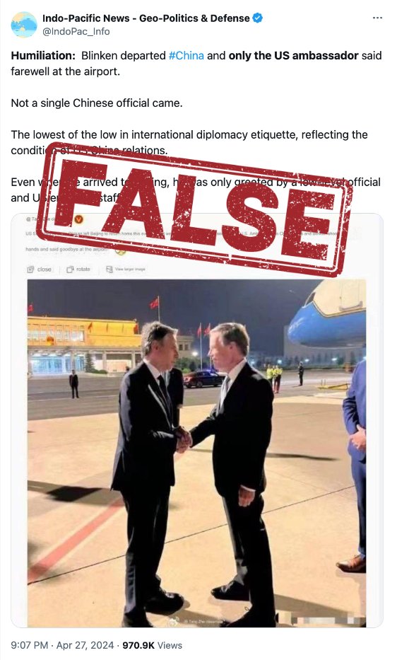 Per protocol, @MFA_China Director for N. American and Oceanian Affairs Yang Tao was at the airport to see @SecBlinken off as he wrapped up his China tour (left pic). Yang was also there receiving Blinken when he arrived in Beijing. Any assertion to the contrary is false.