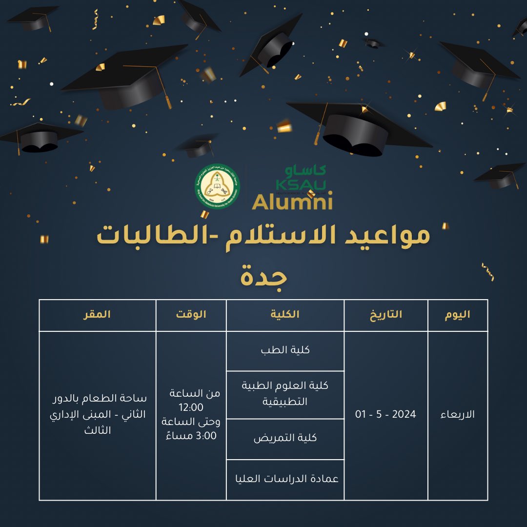 KSAU_HS_Alumni's tweet photo. 📣خريجو كاساو بالمدينة الجامعية بجدة الأعزاء
سيتم تسليم عبايات ومشالح التخرج بالموعد والموقع المحدد بالجداول👇🏻🎓

 #خريجو_كاساو https://t.co/IAfzahnNk8