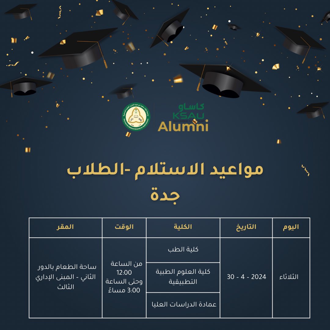 KSAU_HS_Alumni's tweet photo. 📣خريجو كاساو بالمدينة الجامعية بجدة الأعزاء
سيتم تسليم عبايات ومشالح التخرج بالموعد والموقع المحدد بالجداول👇🏻🎓

 #خريجو_كاساو https://t.co/IAfzahnNk8