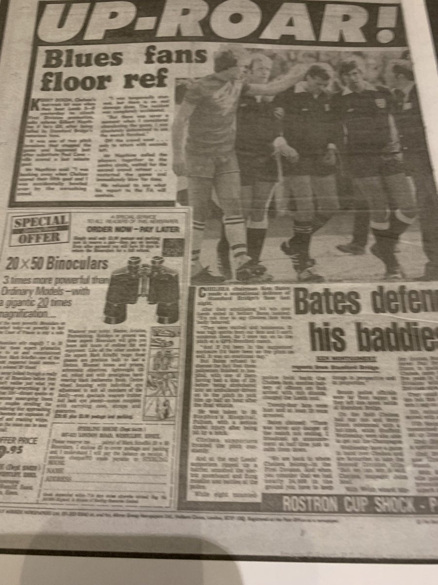 On this day 40 years ago @ChelseaFC won promotion back to First Division beating Dirty Leeds 5-0 at Stamford Bridge. The following days Sunday papers below: #cfcheritage