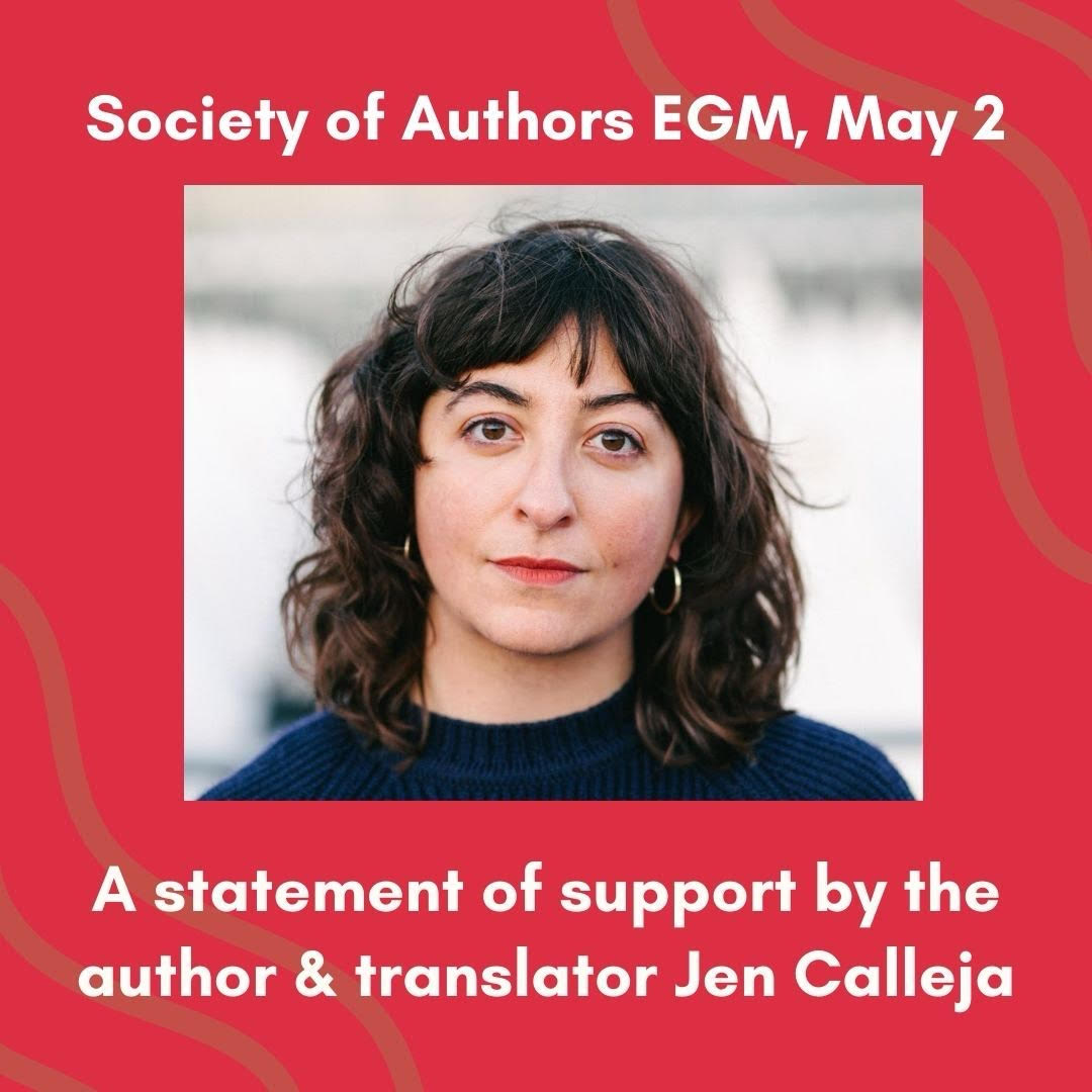 Statement of support from author & translator Jen Calleja (@niewview). “I hope that my fellow writers and translators will vote in support of the resolution to call for a permanent ceasefire in Palestine and to urge literary organisations to divest from fossil fuel companies.”