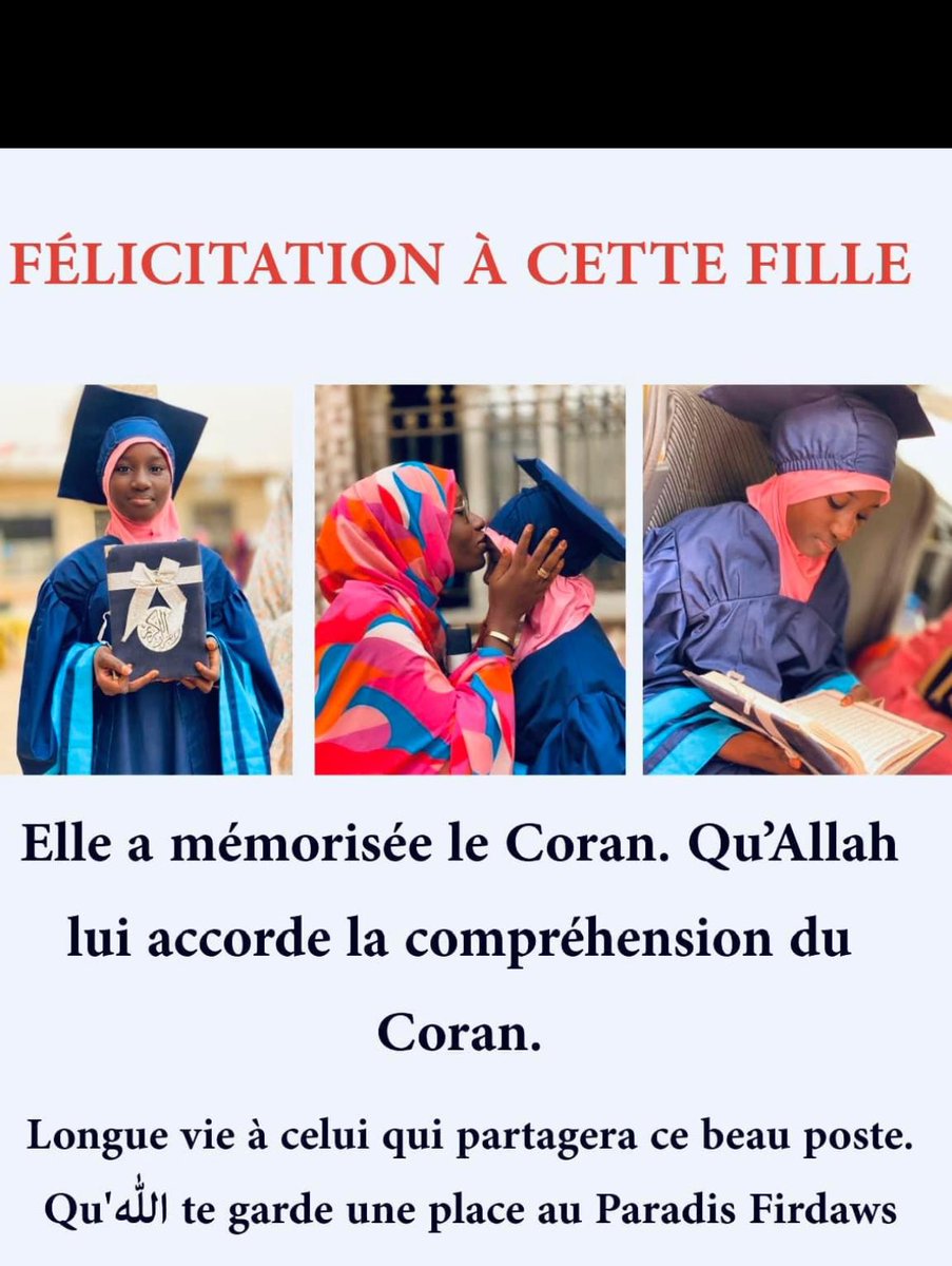 FÉLICITATION À CETTE FILLE

Elle a mémorisée le Coran. Qu'Allah lui accorde la compréhension du Coran.

Longue vie à celui qui partagera ce beau poste. Qu'الله te garde une place au Paradis Firdaws 🤲🤲🏽❤️