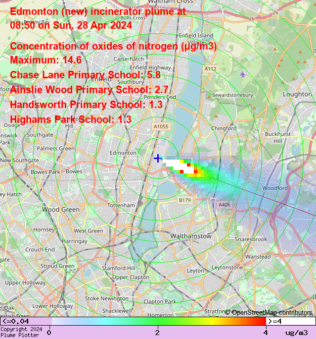 Latest Edmonton (new) incinerator plume plot,  08:50 28/04/24 #HaleEnd #Woodford #WoodfordGreen  plumeplotter.com/edmonton/