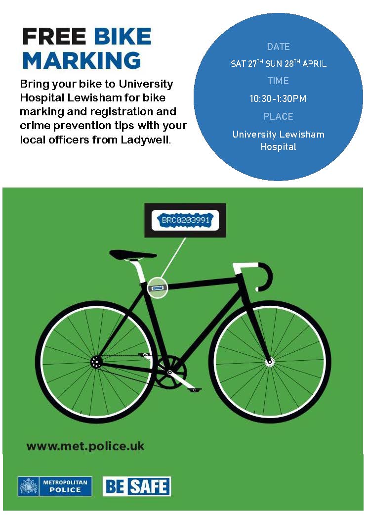 Don't forget! Bike marking is available today at the Lewisham Wellbeing Garden @ Lewisham University Hospital 10:30am to 01:30pm No sign up needed, bring your bikes along for free bike marking, registration and crime prevention tips with officers from Ladywell SNT