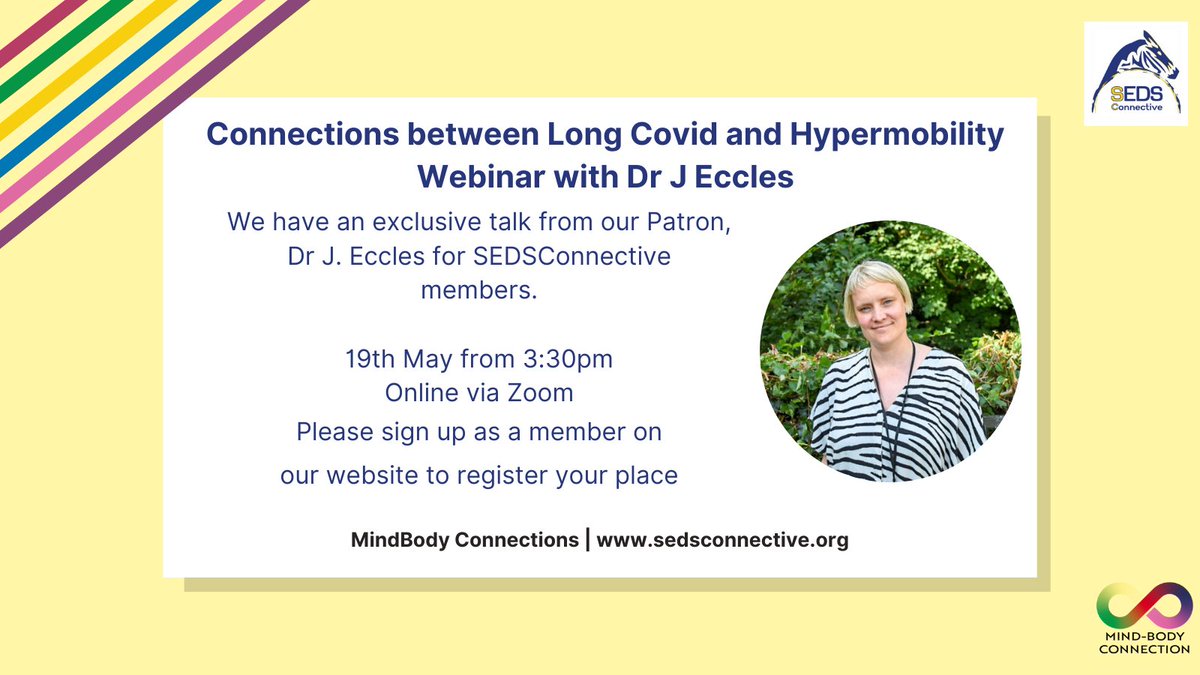 Connections between #LongCovid & #Hypermobility members only webinar and Patron @BendyBrain 🗓️19th May ⏰from 3.30pm BST 💻online via Zoom First join as a member here: tinyurl.com/yabekyzu 👉Book here: tinyurl.com/5n7dbtfv #EDS #HSD #hypermobilityAwareness #dizzy