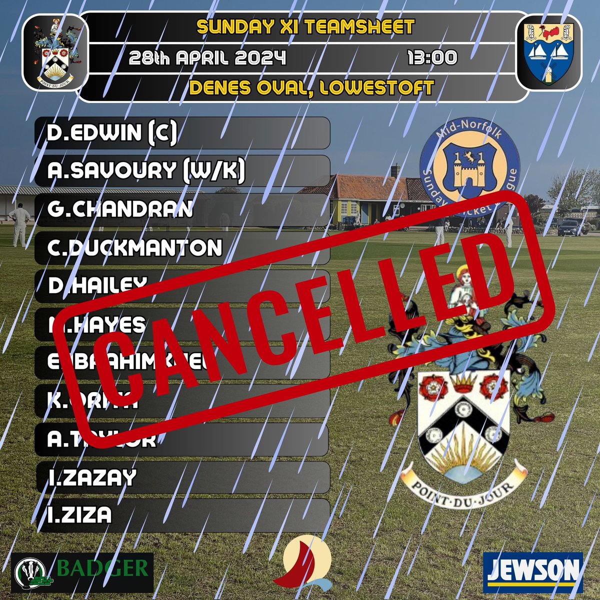 🌧️ Due to heavy overnight rain, this afternoons Sunday League Fixture against @ABWanderers has been cancelled.