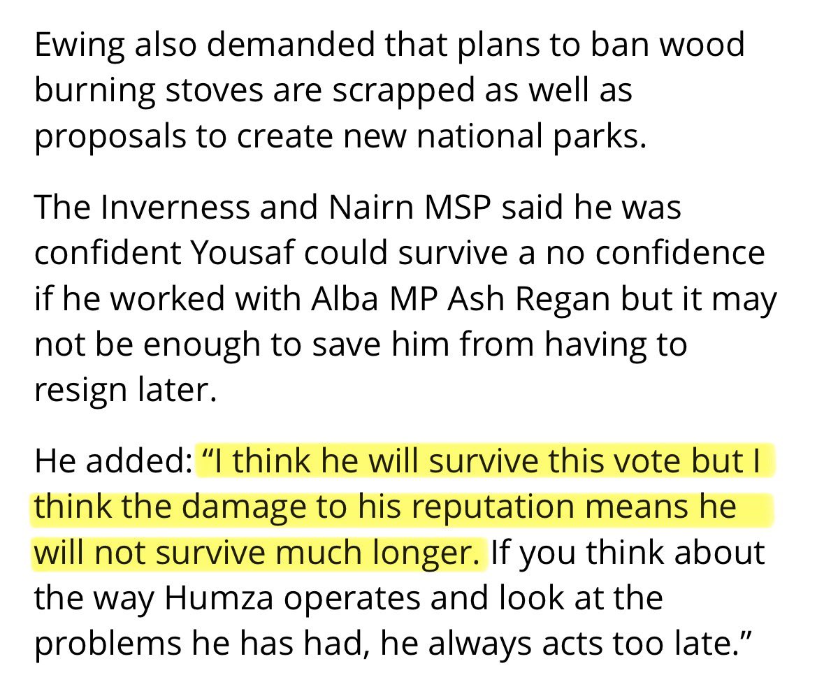 “I think he will survive this vote but I think the damage to his reputation means he will not survive much longer.” Fergus Ewing will vote to save Humza Yousaf, but believes his days are numbered, come what may…