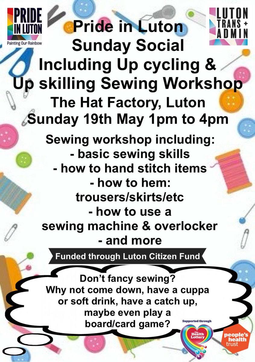 Our next Sunday Social Meet Up in May as part of our funding through the #LutonCitizenFund, from @LutonSJU, we will have a beginners sewing class and skill sharing. We'll have normal games etc too. So something for everyone to do! Open to all members of the LGBTIQ+ community.
