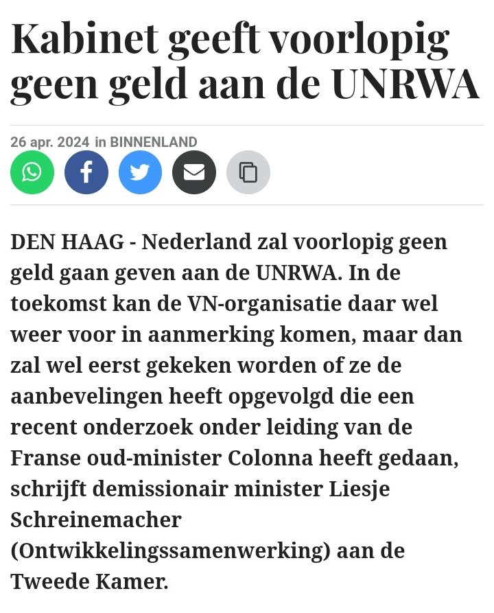 De hele wereld heeft inmiddels de humanitaire hulp aan #Gaza via #UNRWA hervat nu uit onderzoek is gebleken dat Israël heeft gelogen over de betrokkenheid van UNRWA bij 7 oktober.

Behalve Nederland, het schoothondje van de Israëlische terreurstaat.