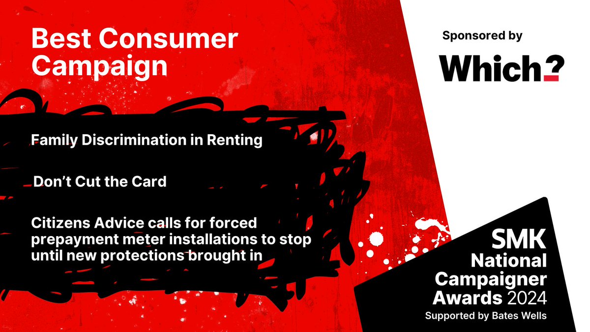 We're delighted to announce the shortlist for Best Consumer Campaign. Congratulations to @LexiLevens @CitizensAdvice @CBTransport and everyone who supported these great campaigns! Winner will be announced on 15 MAY. 

Sponsored by @WhichUK #LoveCampaigning #SMKAwards2024