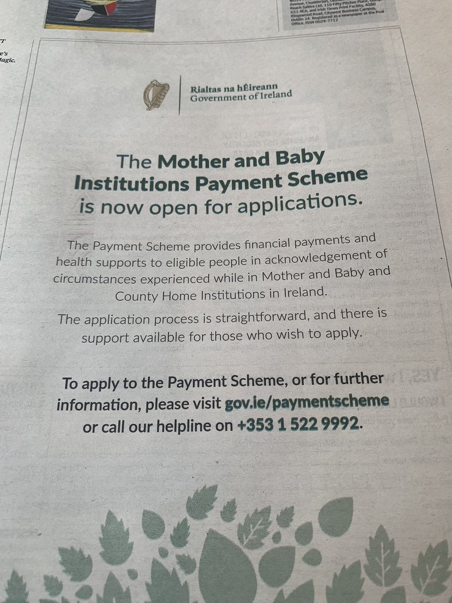 In today’s @ObserverUK, the Irish Government is advertising its Payment Scheme for those spent time in ‘Mother and Baby’ institutions. The application process is said to be a straightforward one. Details below.