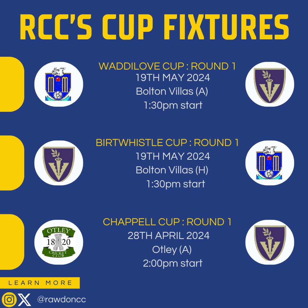 🚨 2024 Fixtures 🚨

After a delayed start due to weather, our 2024 season begins today with the 3rd XI travelling to Otley in the the Chappell Cup.

Take a look at our opening fixtures for the 3 senior teams.