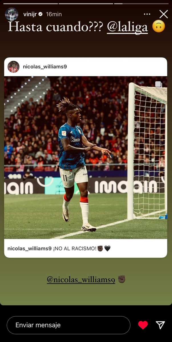 🚨 Vinícius Júnior apoya a Nico Williams tras los insultos racistas sufridos en el Metropolitano: “¿Hasta cuándo?”, publicó el brasileño citando a @LaLiga