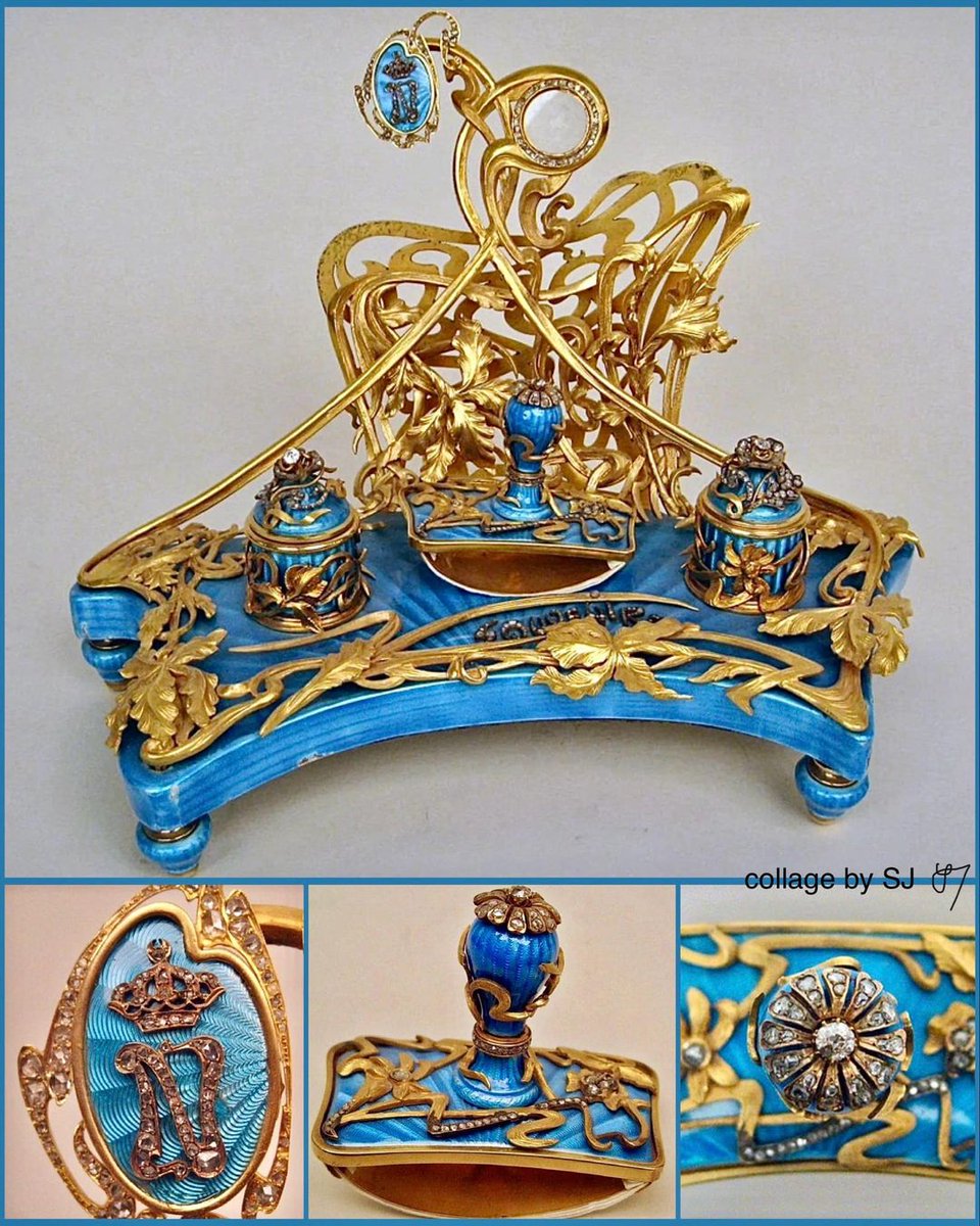 Writing set, c 1890, French 🇫🇷 Diamond, enamel, guilloché, silver gilt. The set comprises of two inkwells, a stamp, an envelope holder, and a miniature picture holder.