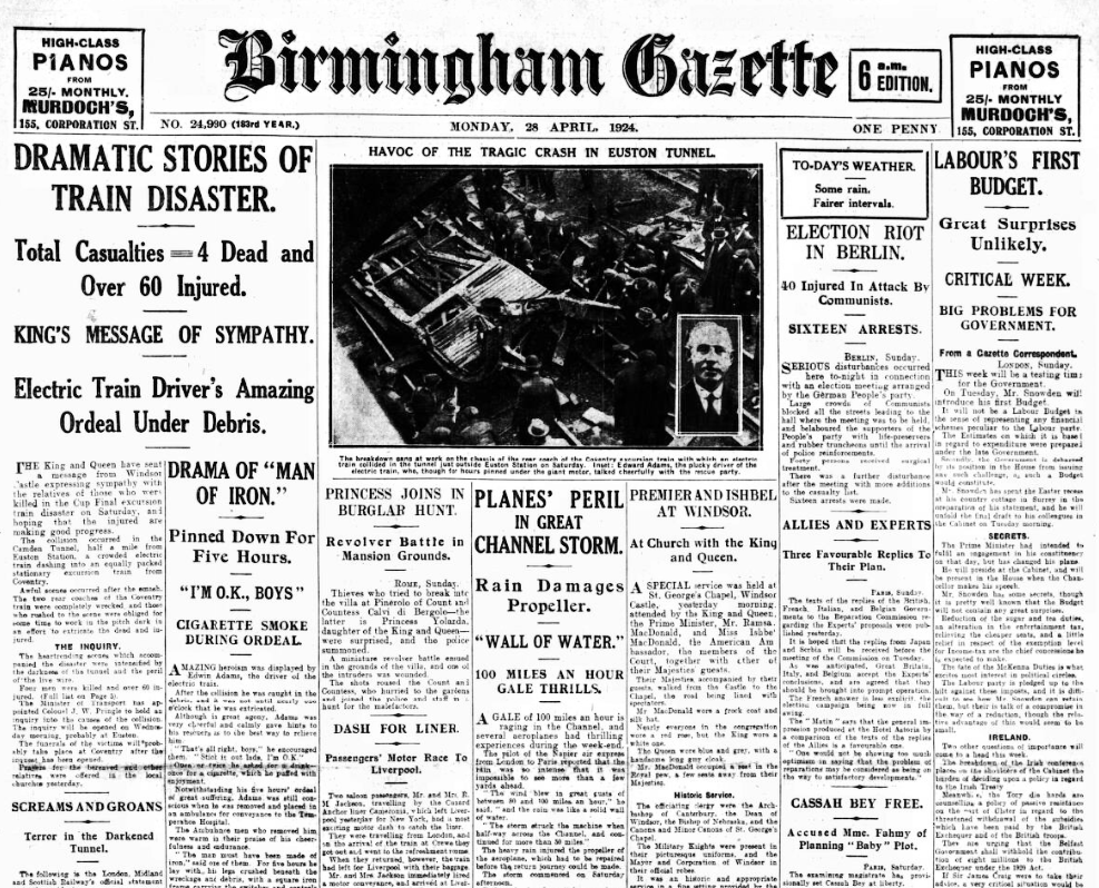 'Dramatic Stories of Train Disaster - Total Casualties - 4 Dead and Over 60 Injured - King's Message of Sympathy - Electric Train Driver's Amazing Ordeal Under Debris,' Birmingham Daily Gazette, 28 April 1924 bit.ly/3xQaprP #OTD #1924Newspapers